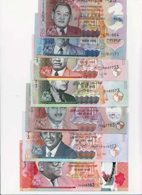 MAURITIUS Complete 7 Banknotes Set 25 to 2,000 Rupees 2009 /2019 Pick 49-58, UNC