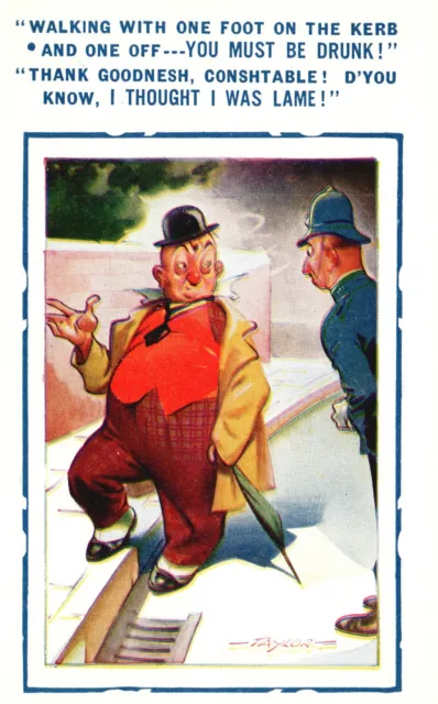 Vintage Postcard Walking With One Foot On The Kerb Drunk Fat Guy Walking