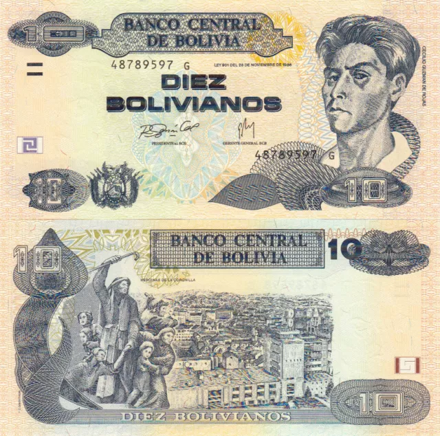 BILLET de BANQUE banknote money BOLIVIE BOLIVIA 10 bolivianos 1986 NEUF UNC NEW