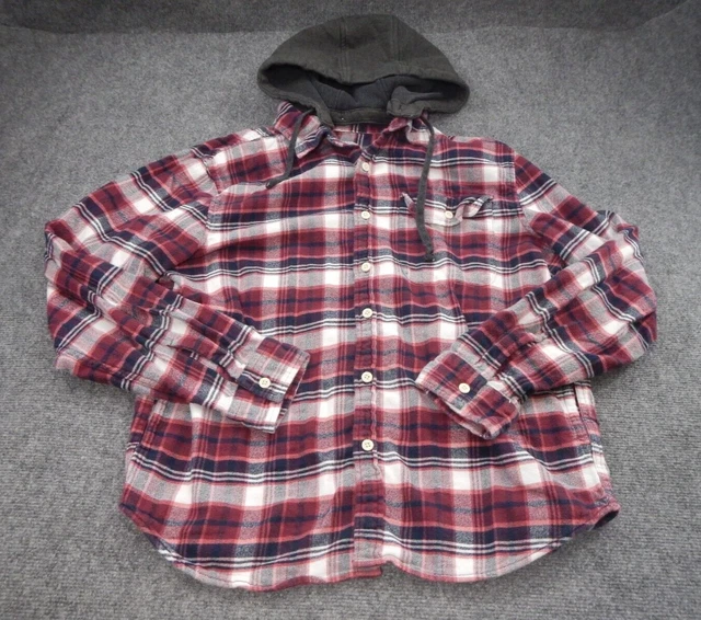American Eagle Flannel Shirt Adult XL Red Blue Plaid Flannel Long Sleeve Hoodie