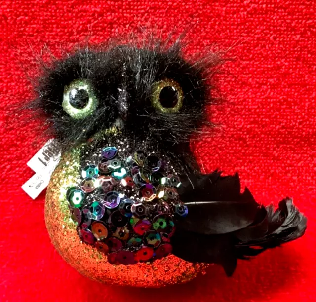 Pier 1 Imports Halloween 3.5" Glitter Feather Black Green Owl Ornament Rare NWT