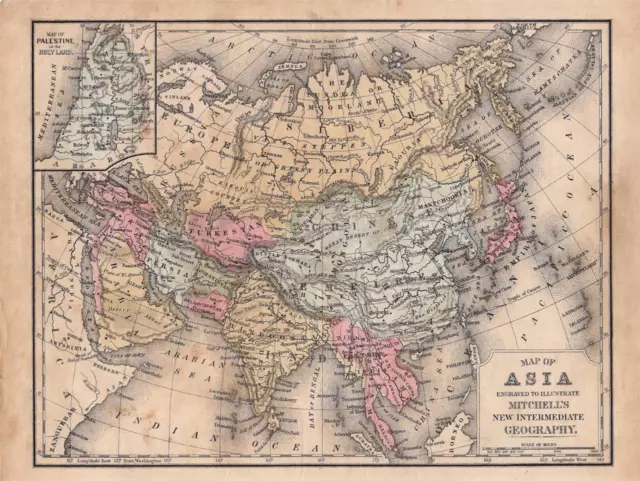 1874 Antique Mitchell's New Intermediate Geography Atlas Map-Asia-Hand Colored