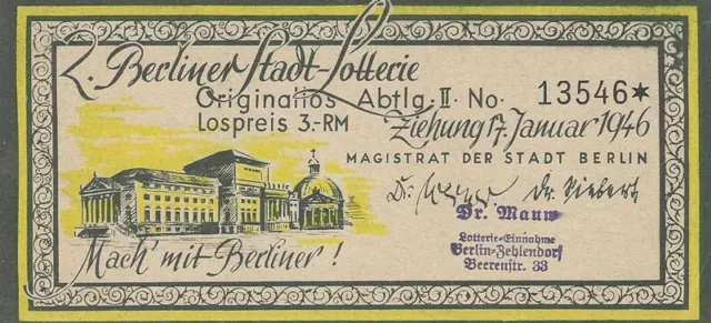 Berlino 1945/46 lotto di 2. Estrazione della lotteria cittadina di Berlino gennaio 1946 Mach' con