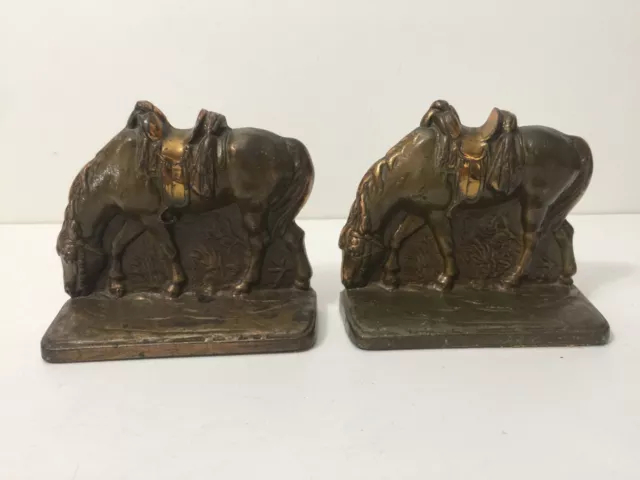 Vintage Pair Cast Iron Bronze Brass Finish Bookends, Saddled Horses