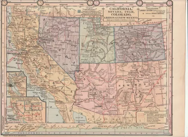 Old atlas map: California, Nevada, Utah, Colorado, Arizona, New Mexico