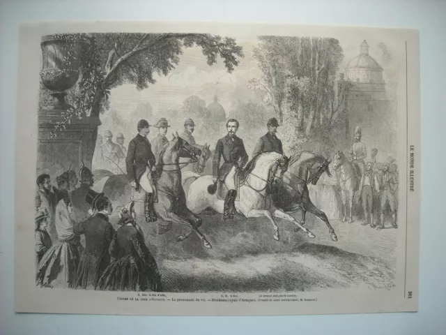 Gravure 1864. Cour D'espagne. La Promenade Du Roi. Residence Royale D’aranjuez..