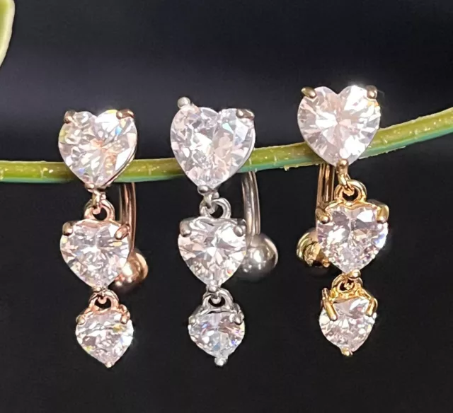 1pc CZ Gem Hearts Top Drop Dangle Surgical Steel Reverse Belly Ring Navel Naval