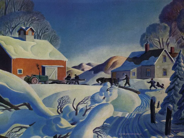 WPA Regionalist Pastoral Winter Scene Calendar Print Dale Nichols Modernist Era