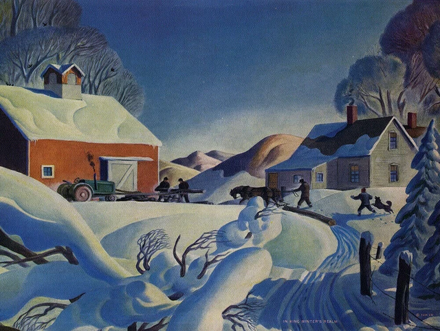 WPA Regionalist Pastoral Winter Scene Calendar Print Dale Nichols Modernist Era WPA Regionalist Pastoral Winter Scene Calendar Print Dale Nichols Modernist Era