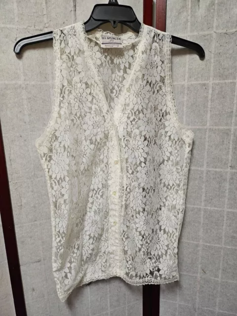 Women's Ivory Lace Top Sheer Sleeveless Button Down Small