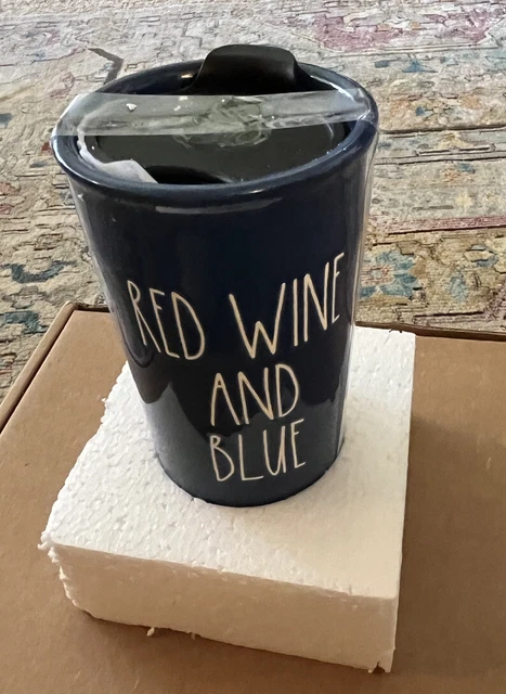 Taza de viaje de cerámica RAE DUNN VINO TINTO Y AZUL con tapa