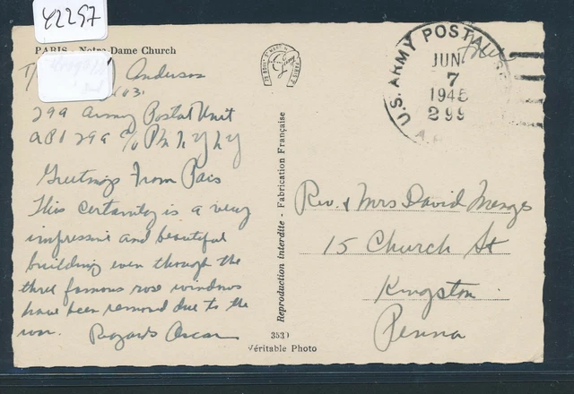 42297) US field post cover WWII, APO 299 7.6.45, Paris ? 42297) US field post cover WWII, APO 299 7.6.45, Paris ?