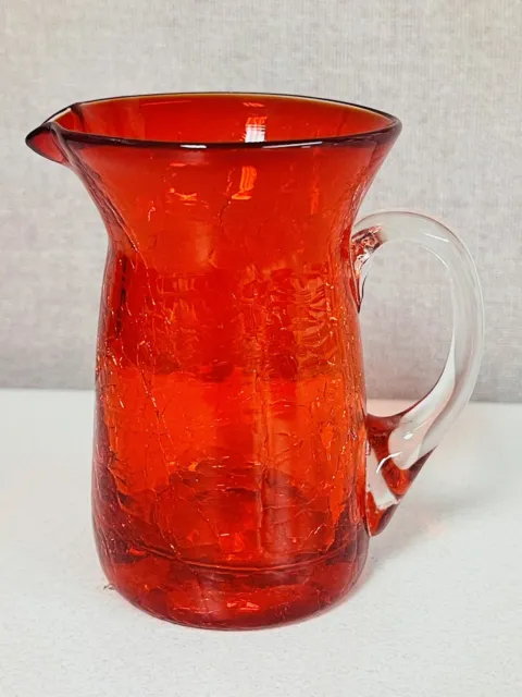 Vtg Blenko (?) Miniature Crackled Red Glass Pitcher Shaped Vase Applied Handle
