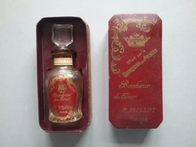 Ancien flacon parfum BONHEUR DU JOUR F, M Millot Paris offert par le quinquina d