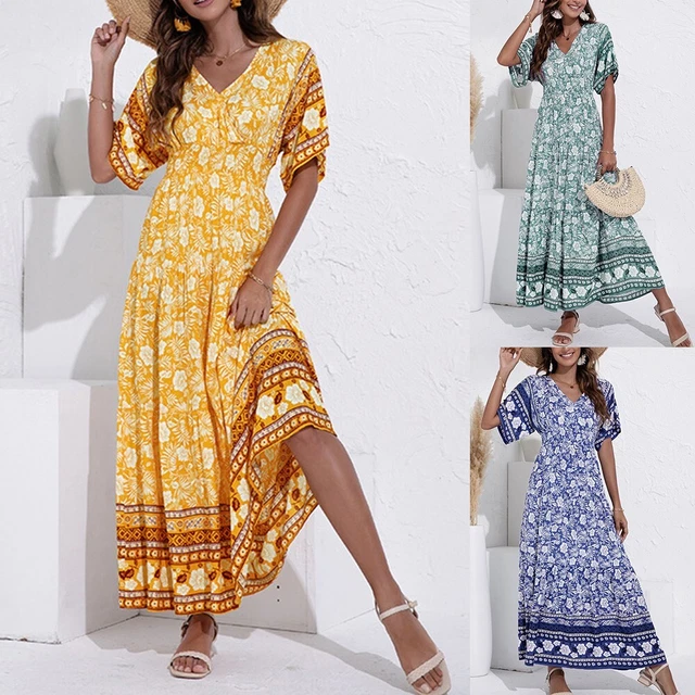 Abito lungo donna boho collo a V stampa tropicale vita alta festa maxi tramonto
