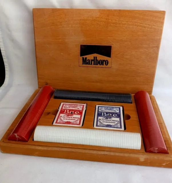 Wooden MARLBORO Poker Box with Cards and New CHIPS,  Collectible/ Ready to Use!