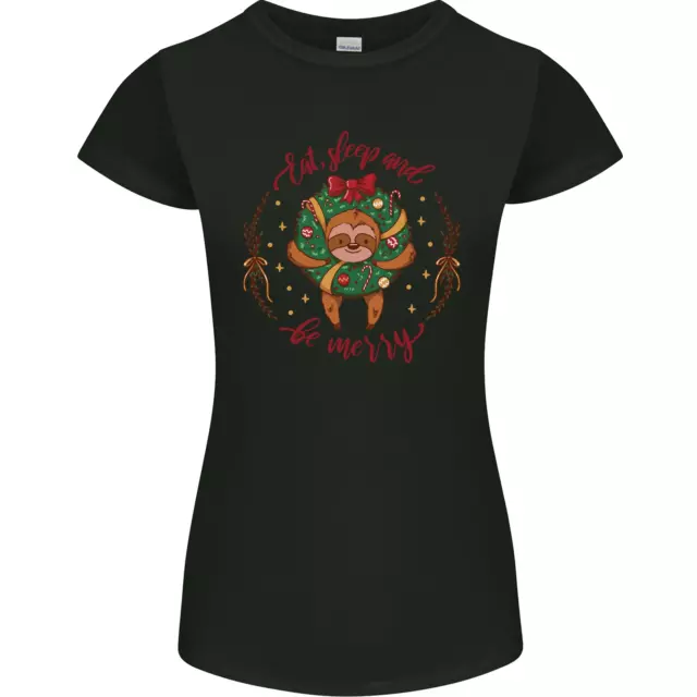 Sloth Eat Sleep & Be Merry Funny Christmas Womens Petite Cut T-Shirt
