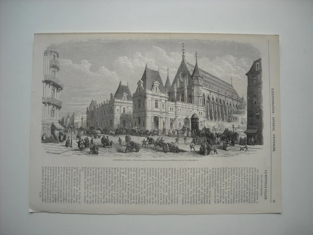 Gravure 1870.  Paris. Nouvelle Facade Conservatoire Arts-Et-Metiers, Rue Saint-M
