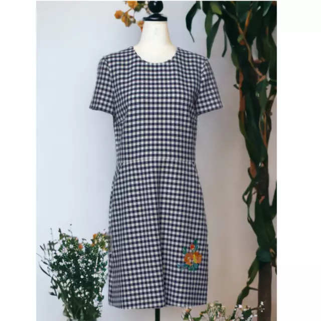 NEW BOUTIQUE MOSCHINO Gingham Dress Size 10 Floral Embroidery Pockets