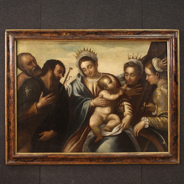 Pintura antigua escapulario lienzo oleo Madona nino Santos cuadro siglo XVI