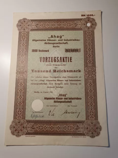 "Ahag" Allgemeine Häuser- und Industriebau-Aktiengesellschaft 1941 1000 RM