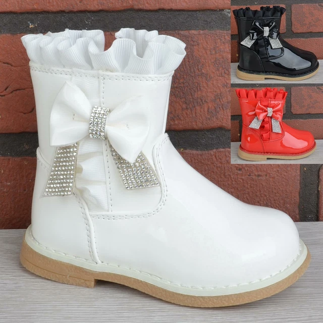 Baby Girls Infants Toddler Diamante Bow Zip Up Patent Ankle Boots Shoes Size
