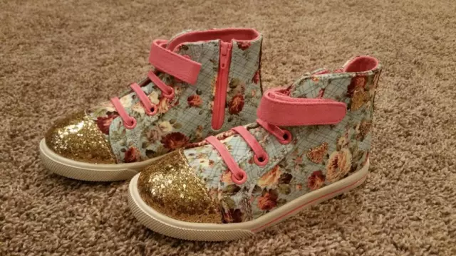 NEW Blue Floral Roses Jumping Beans Gold Sparkle Girls Shoes Toddler Size 11