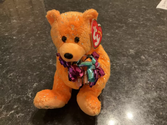 Ty Beanie Baby Bear Happy Birthday - Orange - Mint Condition - Retired With Tags