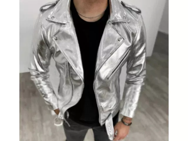 Mens Leather Jacket Silver Metallic Belted Moto Biker Jacket Shiny Metallic Coat