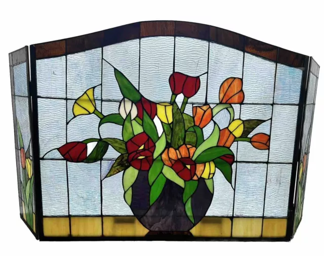 Stained Glass Beautiful Multicolor Floral Fireplace Screen Section 27 By 48