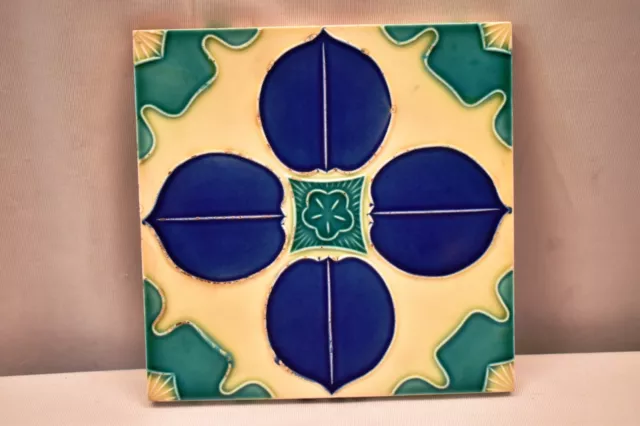 Vintage Japan Tile Majolica Art Nouveau Danto Kaisha Porcelain Blue Leaf Four"90 3
