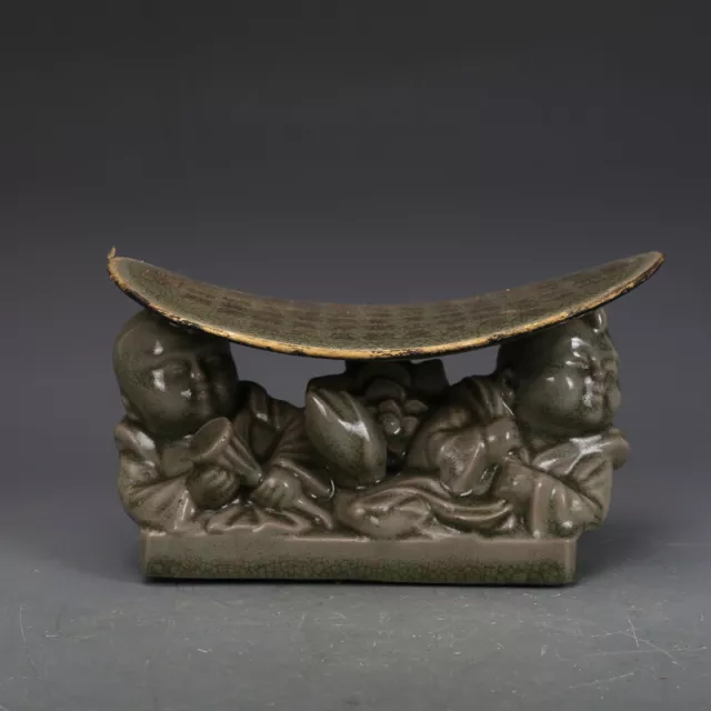 Chinese Porcelain Song Dynasty Ru Kiln Celadon Glaze Child Pillow Statues 9.05”