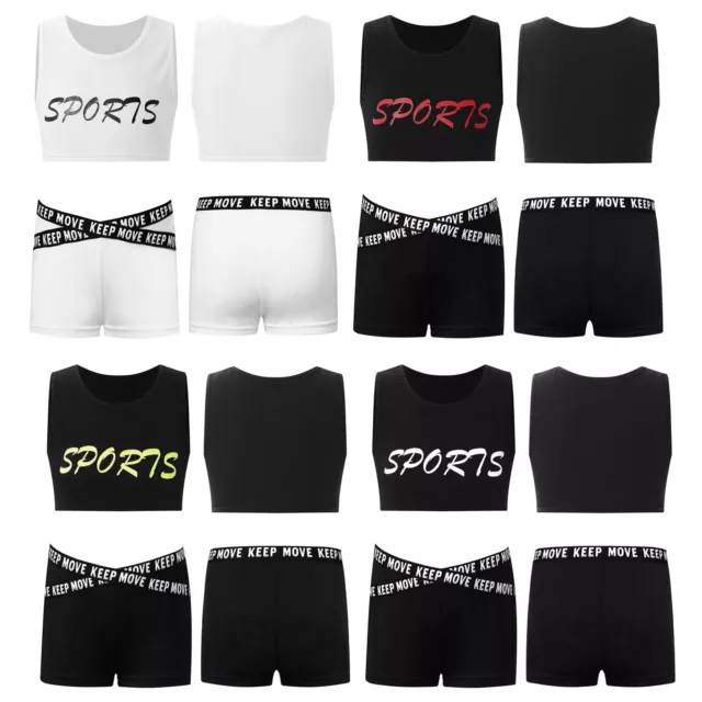 Kids Girl's Crop Top And Shorts Athletic Sports Suits Round Neck Fitness Active