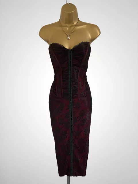Karen Millen Size UK 14 VINTAGE LACE MESH CORSET COCKTAIL WIGGLE DRESS RED BLACK