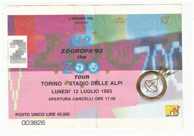Biglietto Ticket U2 ZOOROPA 93 The ZOO TV TOUR Concerto Torino 1993 Stadio