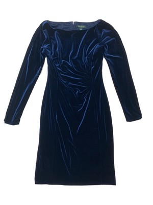 Lauren Ralph Lauren Dress Womens Size 4 Blue Velvet Long Sleeve Ruched Zip Back