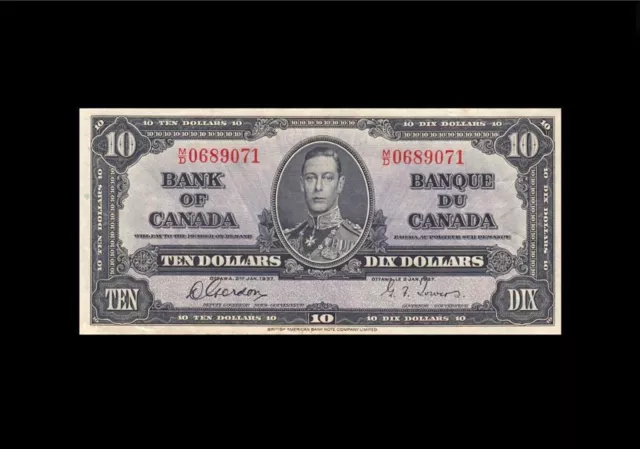 1937 Bank of Canada "AU" $10 Bill / Banknote M/D Gordon - Towers