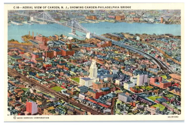 Postcard NJ Camden Aerial View Camden-Philadelphia Bridge Linen Unposted