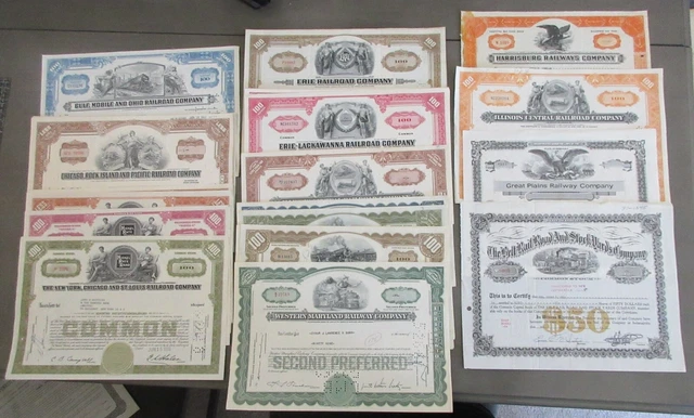 Lot of 77 Railroad Stock Certificates Erie Illinois Maryland New York Chicago ++