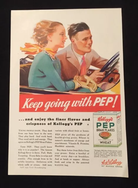 Kellogg's PEP Bran Flakes Color AD - Good Housekeeping - 1933 - Automobile