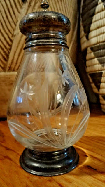 Vintage Sterling Silver Etched Glass Sugar Shaker