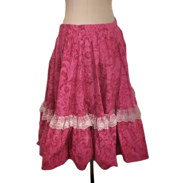 SquareUp Vintage Square Dance Skirt Medium Fuchsia Pink 100% Cotton Lace Trim