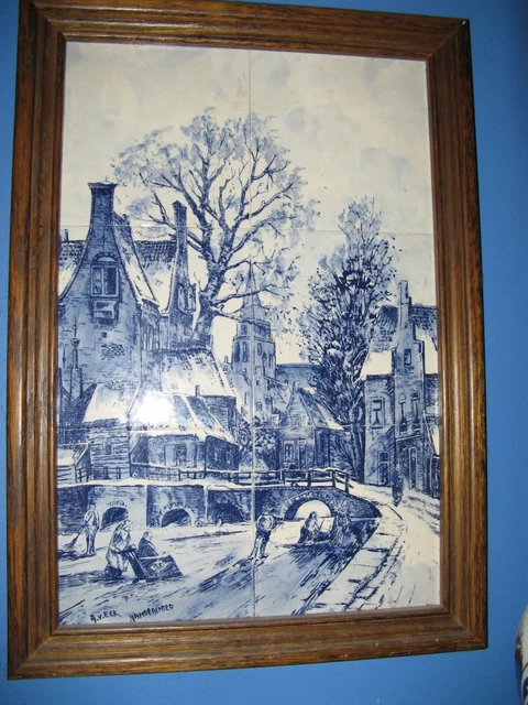 Antique Dutch Winter Scape In 6 Hand Painted Tiled Framed,V.eck Artist 50X 36 Cm