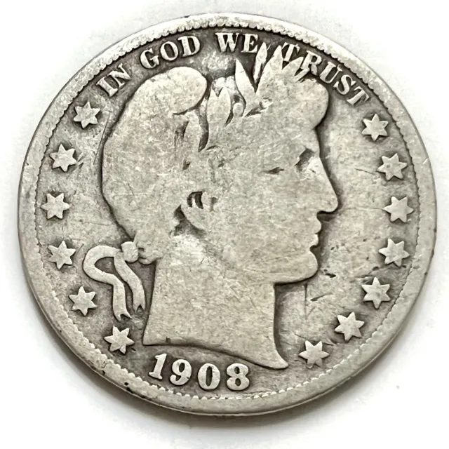 Barber Half Dollar 1908 Philadelphia 90% Silver 50c Coin