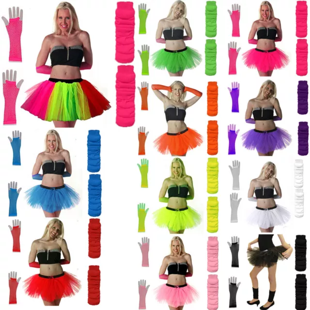 New Neon Tutu Skirt Fancy Dress Set 3Pc Legwarmers Fishnet Gloves 80'S Hen Party