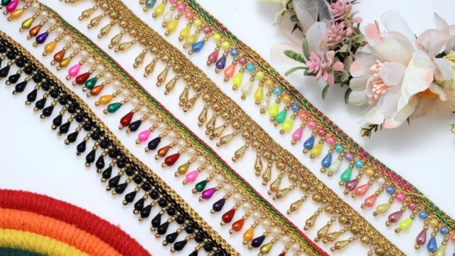 2 Yrds Beaded Fringe Drop Shape Pearl Vintage Style Trim Ribbon Sewing on Edging