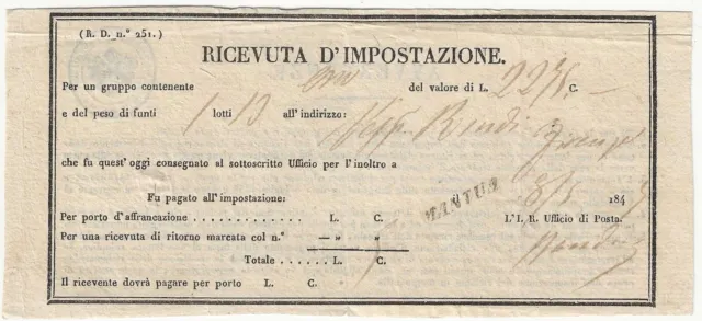 Lombardo Veneto - Ricevuta d'impostazione prefilatelica 1845 bollo Mantova