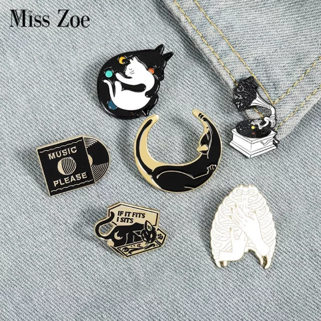 Starry Night Collection Enamel Brooches Phonograph Cat Moon Box Brooch 1pc/lot