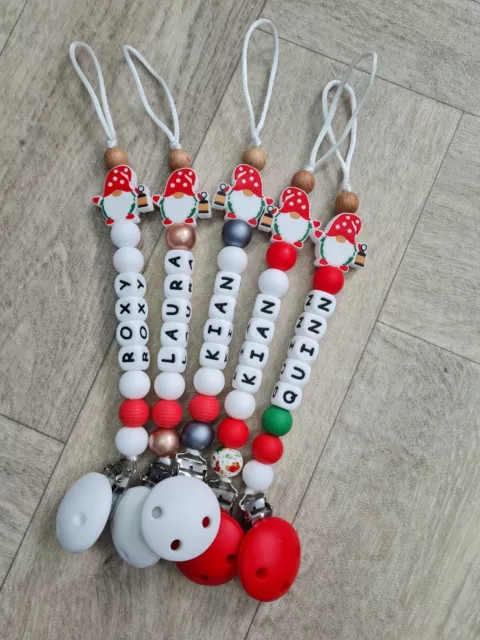 Personalised Xmas Baby Dummy Clip Gonk Gnome Soother Chain Pacifier Holder Gift