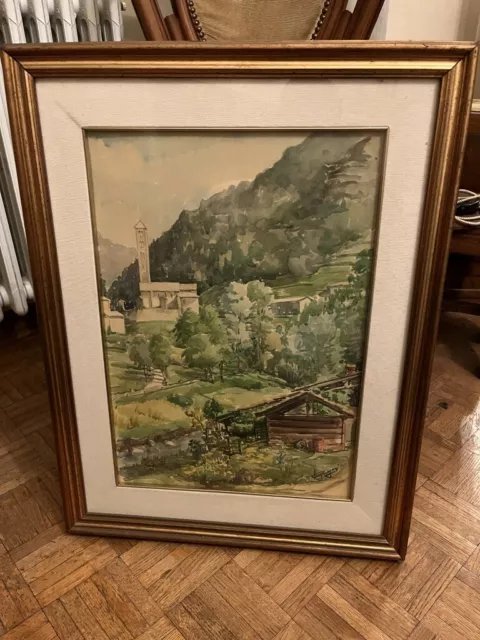 Quadro di Cesare Bergonzi - Chiesa con paesaggio collinare - Acquerello